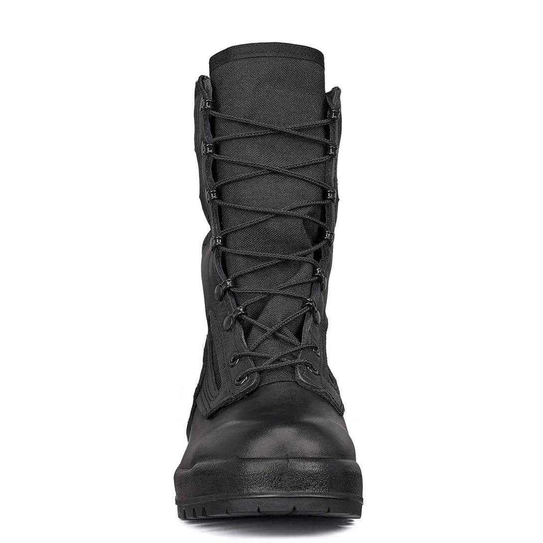 Close-up of Belleville 300 TROP ST Boot lacing system and polishable steel toe cap for enhanced protection.