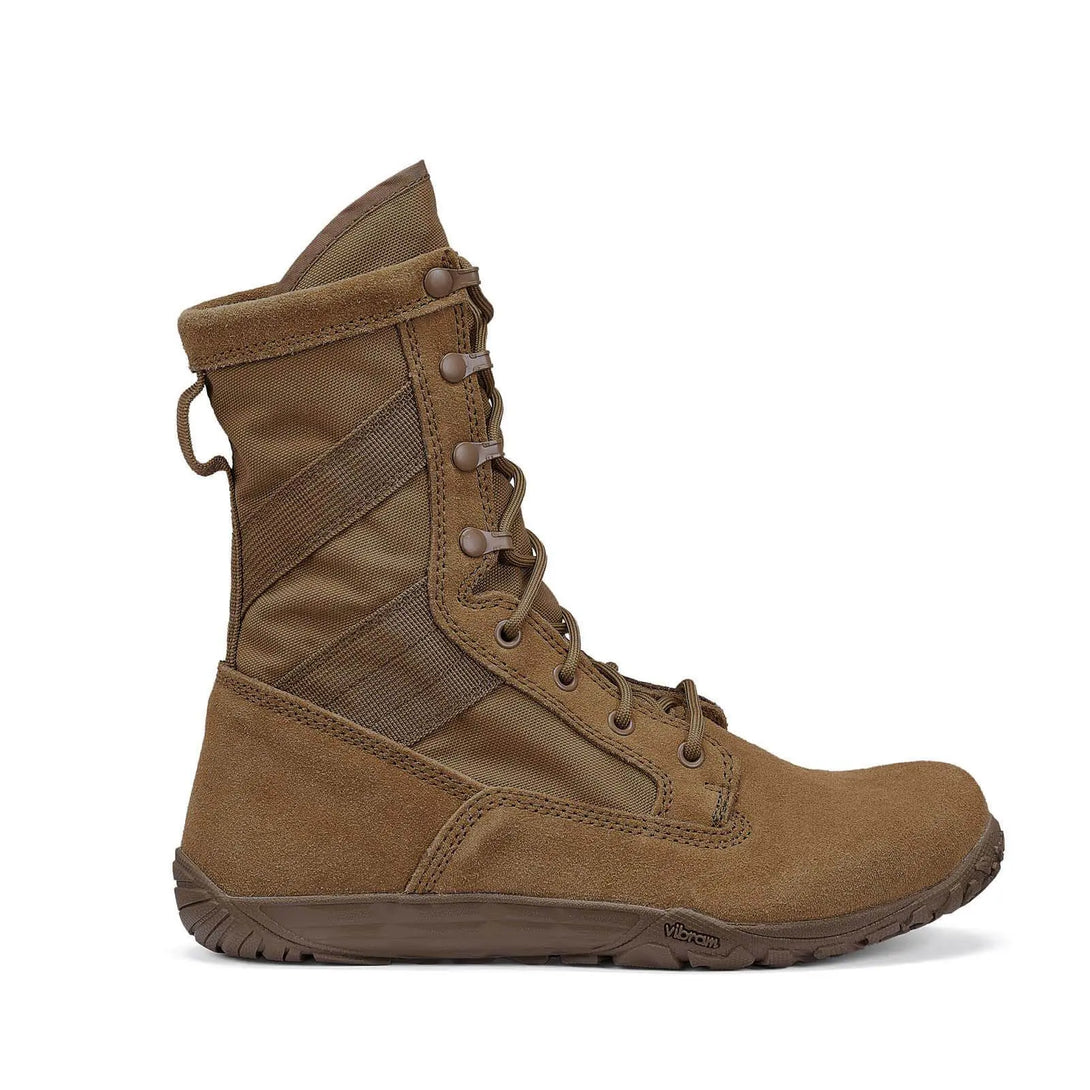Belleville TR105 coyote MiniMil minimalist training boot, outstep profile view.