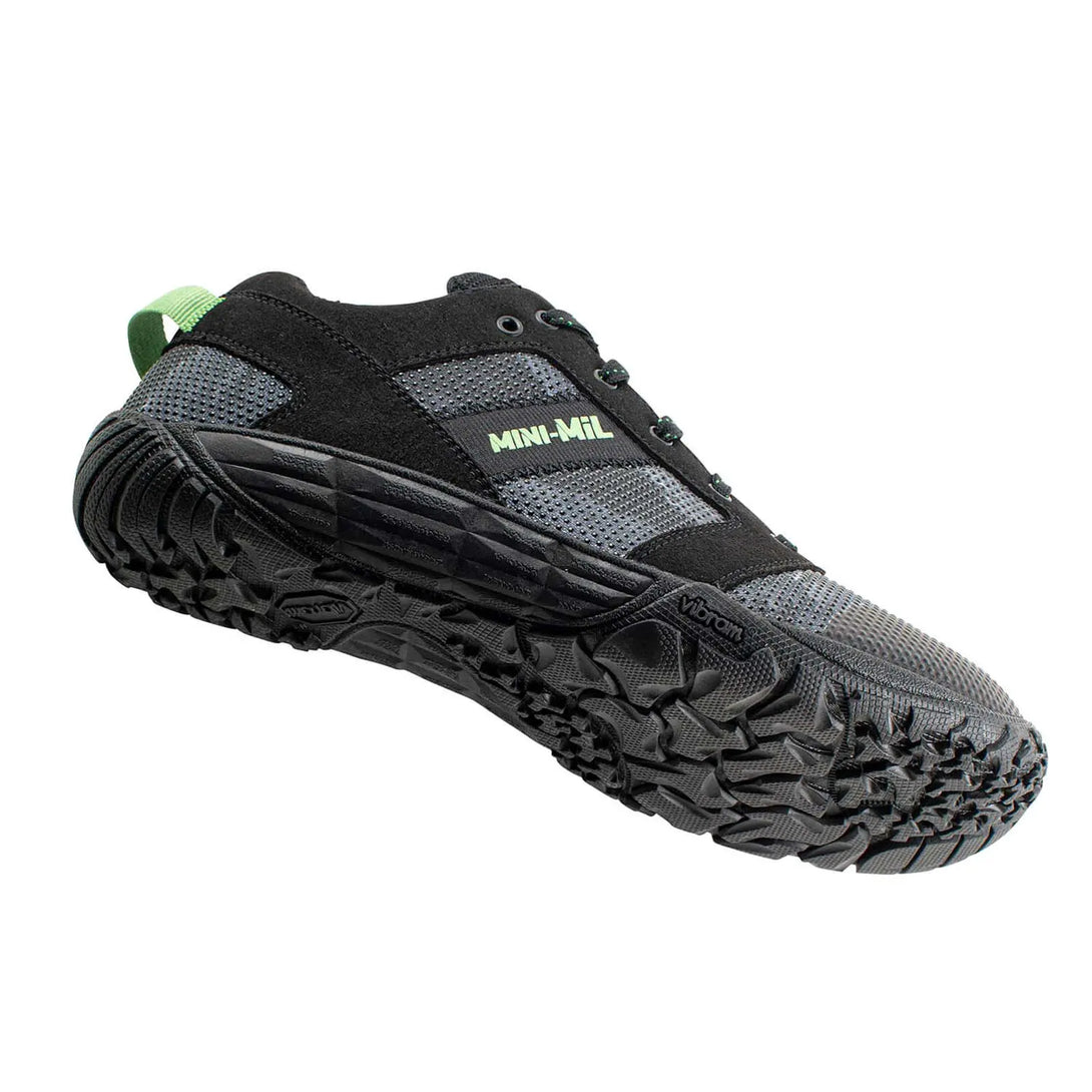Belleville MM001 Mini-Mil Barefoot Minimalist Black Camo Shoe, angled sole view.