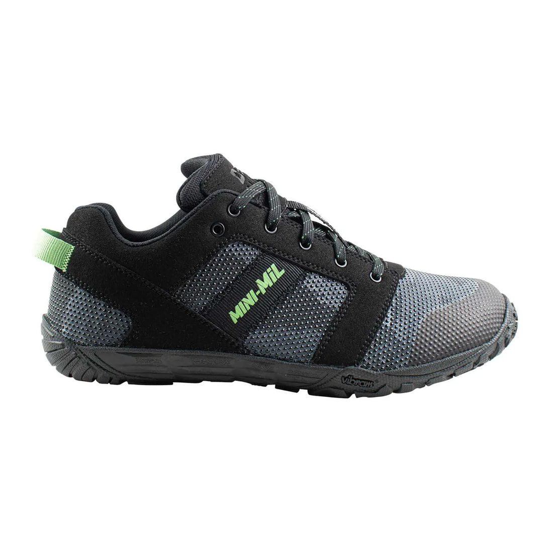 Belleville MM001 Mini-Mil Barefoot Minimalist Black Camo Shoe, outstep profile view.