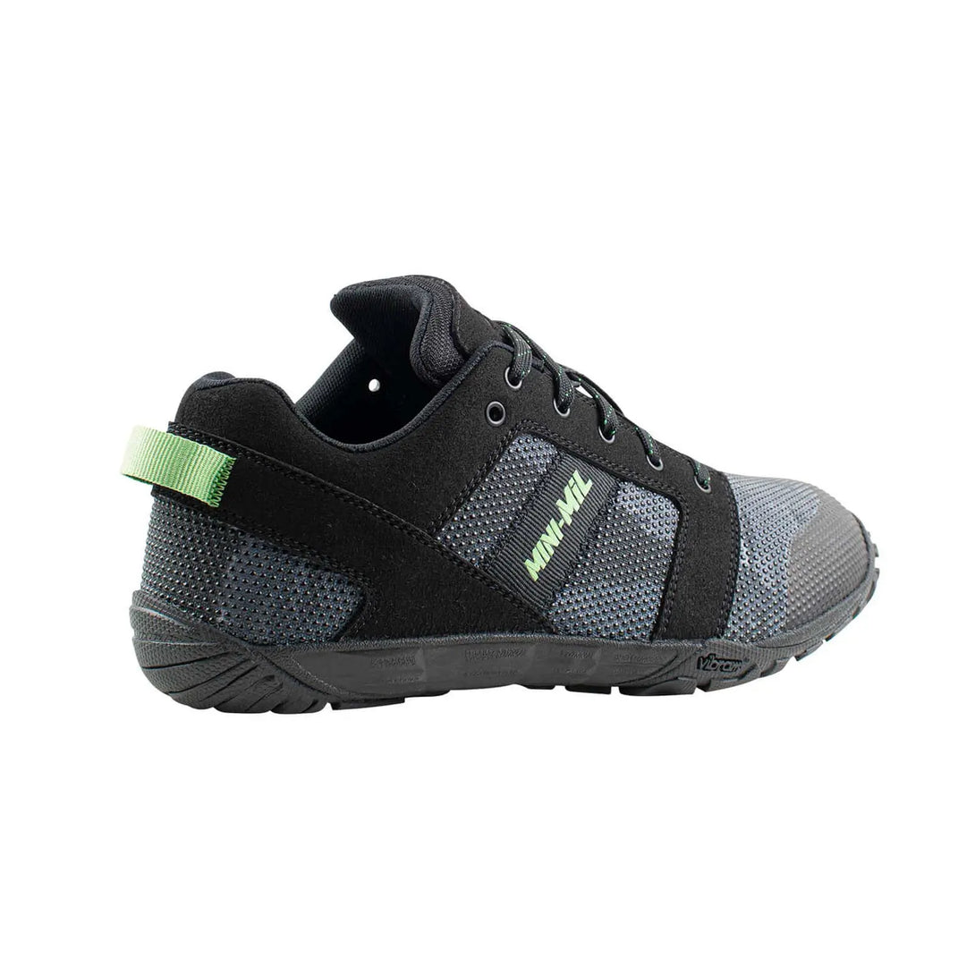 Belleville MM001 Mini-Mil Barefoot Minimalist Black Camo Shoe, angled outstep profile view.