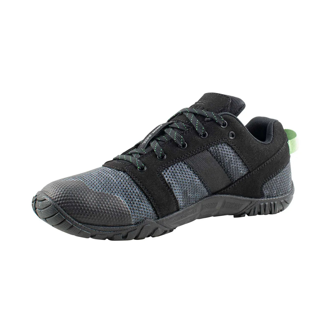 Belleville MM001 Mini-Mil Barefoot Minimalist Black Camo Shoe, instep angled profile view.