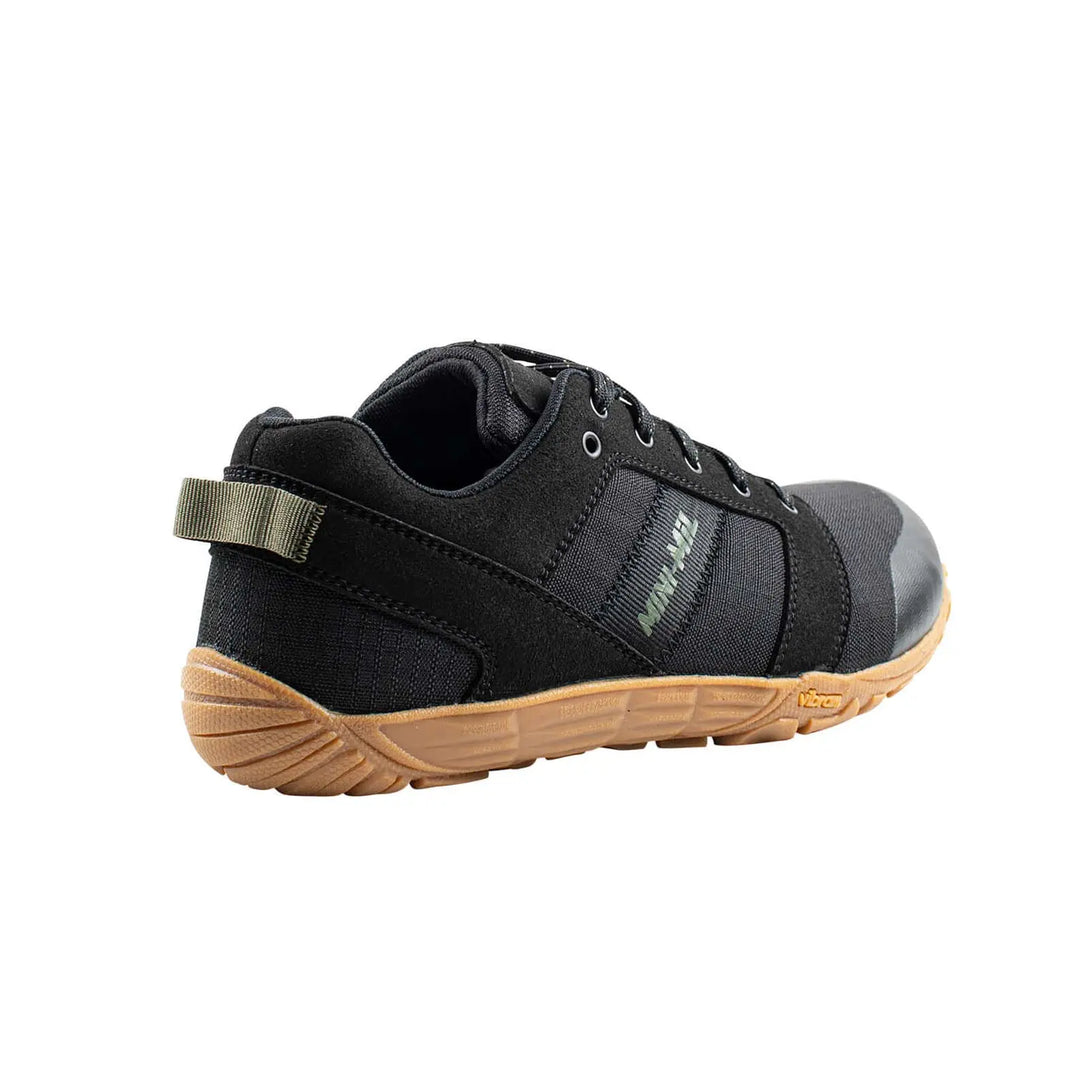 Belleville MM002 Mini-Mil Barefoot Minimalist Black Shoe, back outstep profile view.