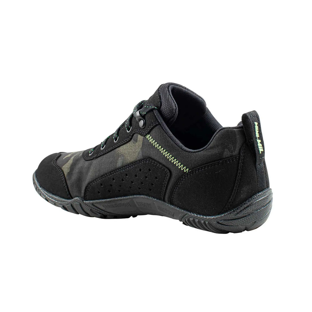 Belleville MM003 Mini-Mil Barefoot Minimalist Black Multicam Shoe, back instep profile view.