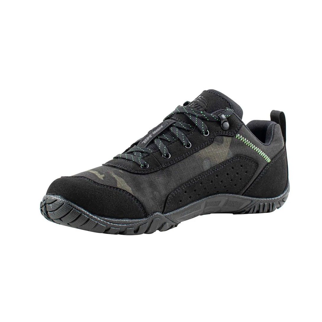 Belleville MM003 Mini-Mil Barefoot Minimalist Black Multicam Shoe, front instep profile view.