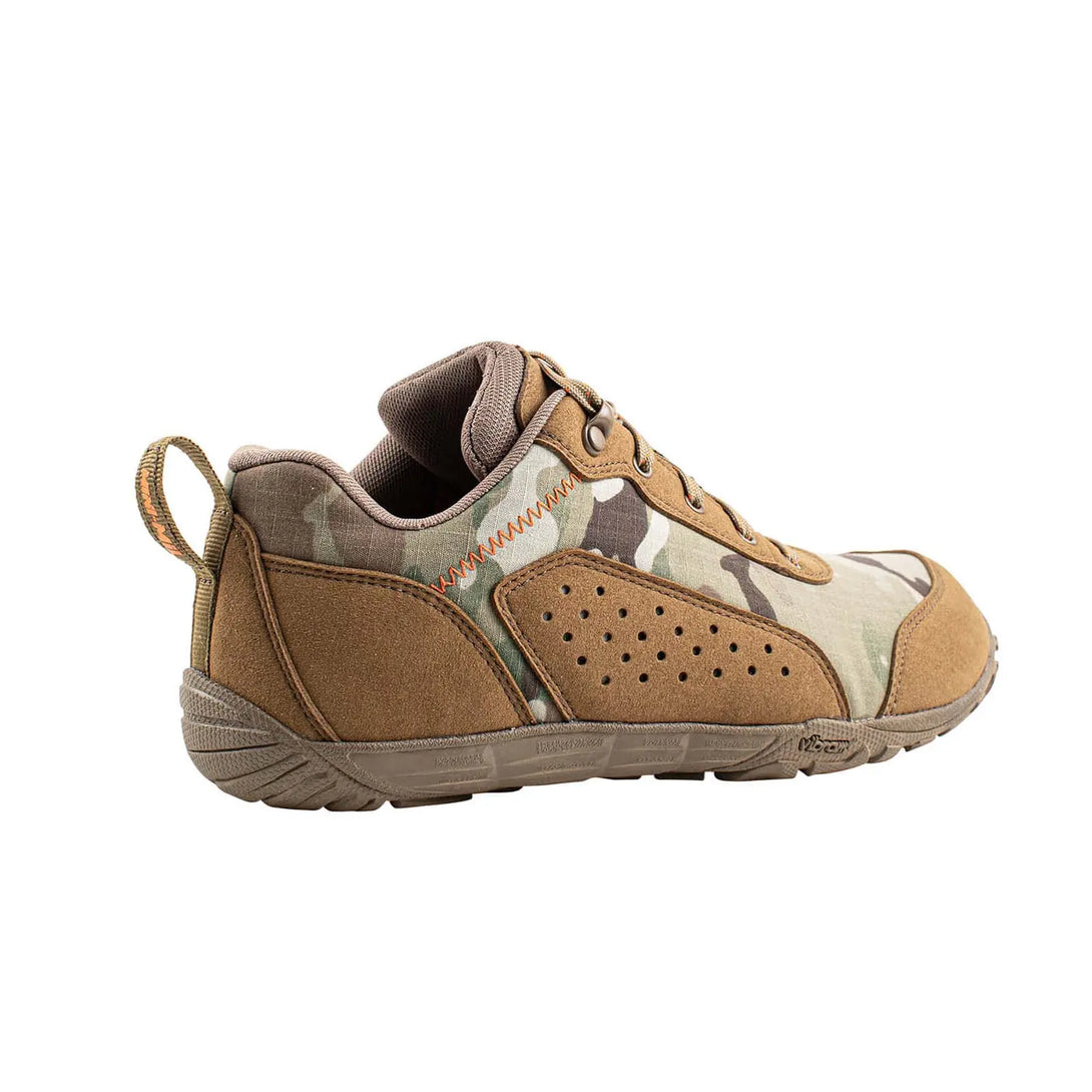 Belleville MM004 Mini-Mil Barefoot Minimalist Multicam Shoe back outstep profile view.
