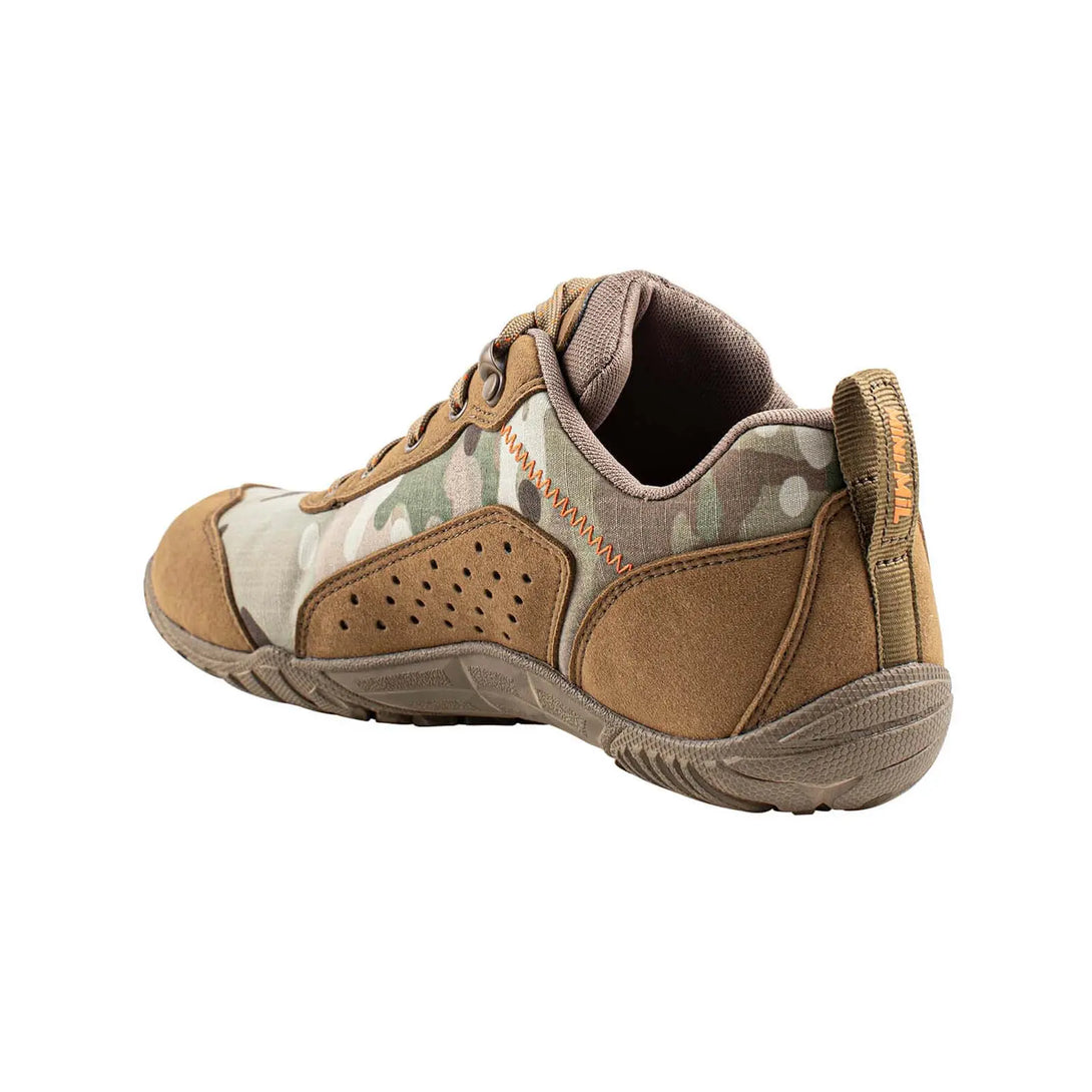 Belleville MM004 Mini-Mil Barefoot Minimalist Multicam Shoe back instep profile view.