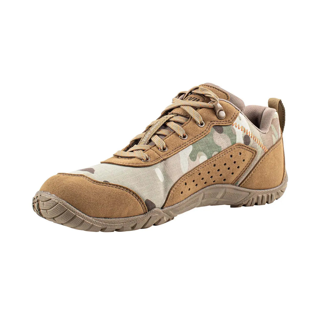 Belleville MM004 Mini-Mil Barefoot Minimalist Multicam Shoe front instep profile view.